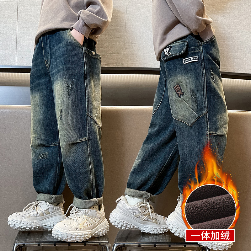 Picture of Boys' Pants Autumn and Winter 2025 New Style for Older Children, Boys' Winter Casual Pants, Children's Fleece-Lined Thickened Jeans