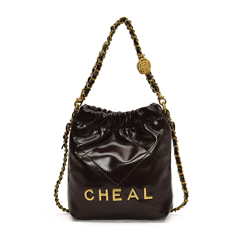 Picture of Children's Bag New Niche Retro Oilskin Chanel Garbage Bag Bucket Bag Diamond Plaid Chain Crossbody Bag Accessories Bag