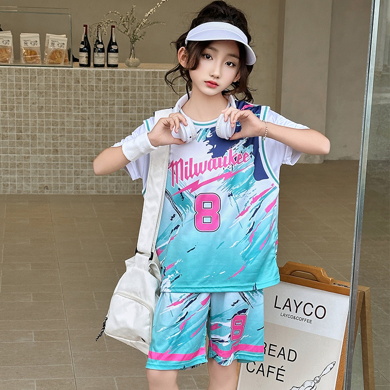 Picture of Summer Children's Short-Sleeved Basketball Uniform Suit Jersey Boys and Girls Youth Quick-Drying Sportswear Shorts Two-Piece Set