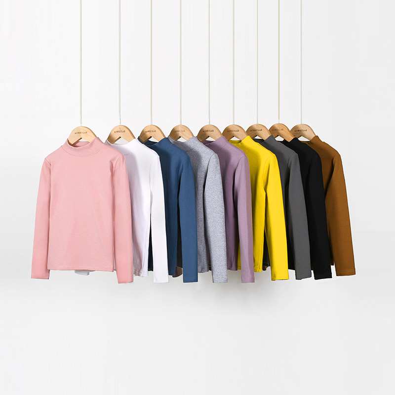 Spring and autumn Korean version of the new boys warm long sleeve girls solid color semi-high collar cotton T-shirt children's base shirt wholesale