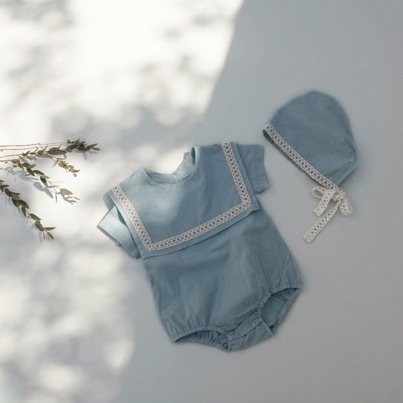 Picture of 2024 summer baby clothing large lapel cotton lace baby jumpsuit baby clothes triangle climbing suit hat