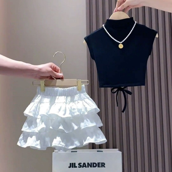 Picture of Girls Summer Suit 2025 New Kidsren's Short-Sleeved T-Shirt Pleated Skirt Two-Piece Set Baby Girl's Culottes Fashionable Summer Dress