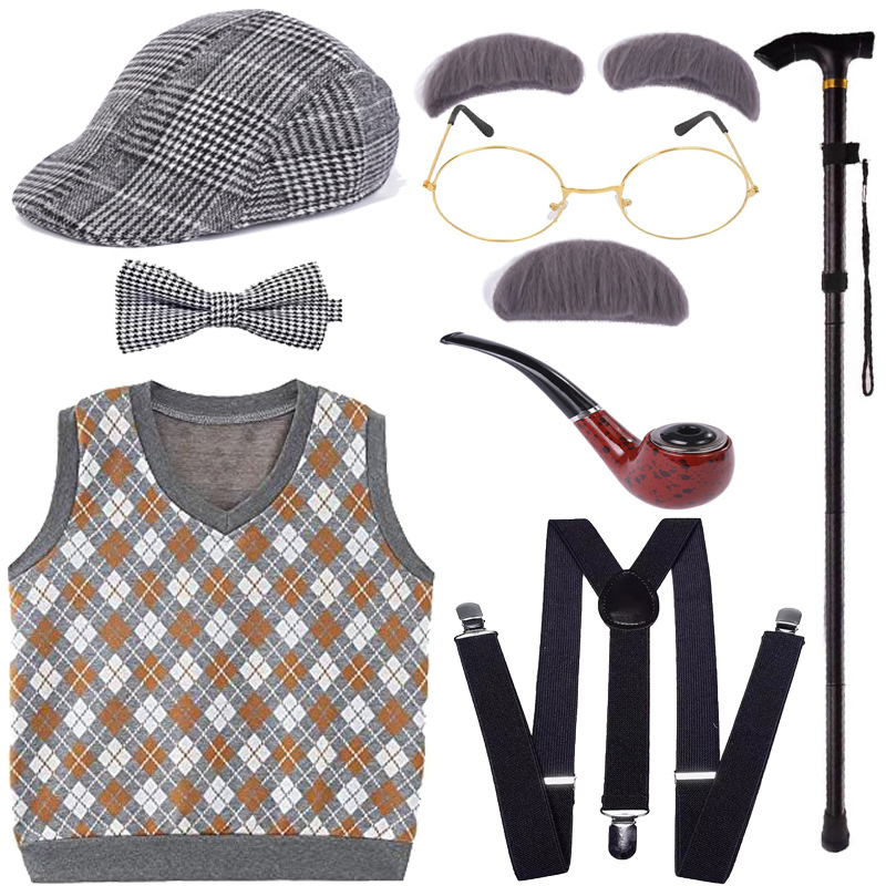 Picture of COS Old Man Dress Up Halloween Children Grandpa Vest Wig Beard Granny Children Show Wig