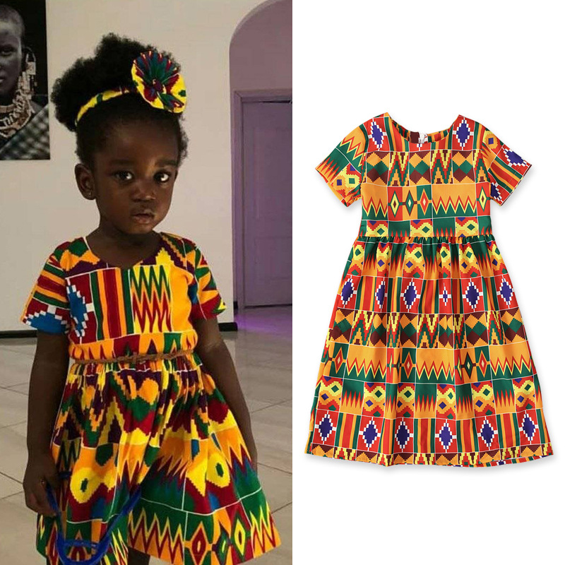 Cute Baby Kidsren's European and American Girls' African Bohemian Style Short-sleeved Dress Long Skirt Kidsren's Clothing ins