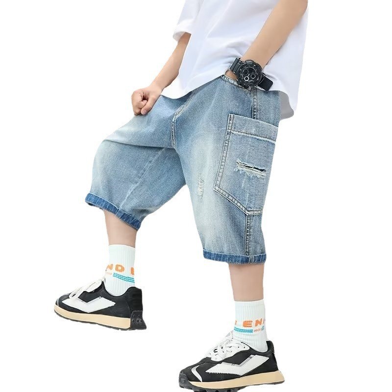 Children's Denim shorts Summer 2024 new trendy boys children's summer pants thin medium and big children's five-point pants western style