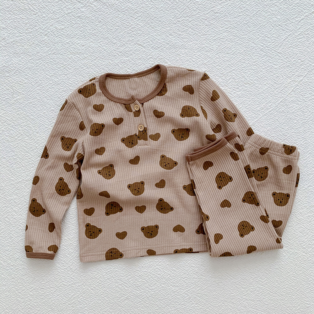 Picture of Children's Pajamas Girls' Home Clothes Boys' Cartoon Pure Cotton Waffle Suit Korean peekaboo Sleepsuit