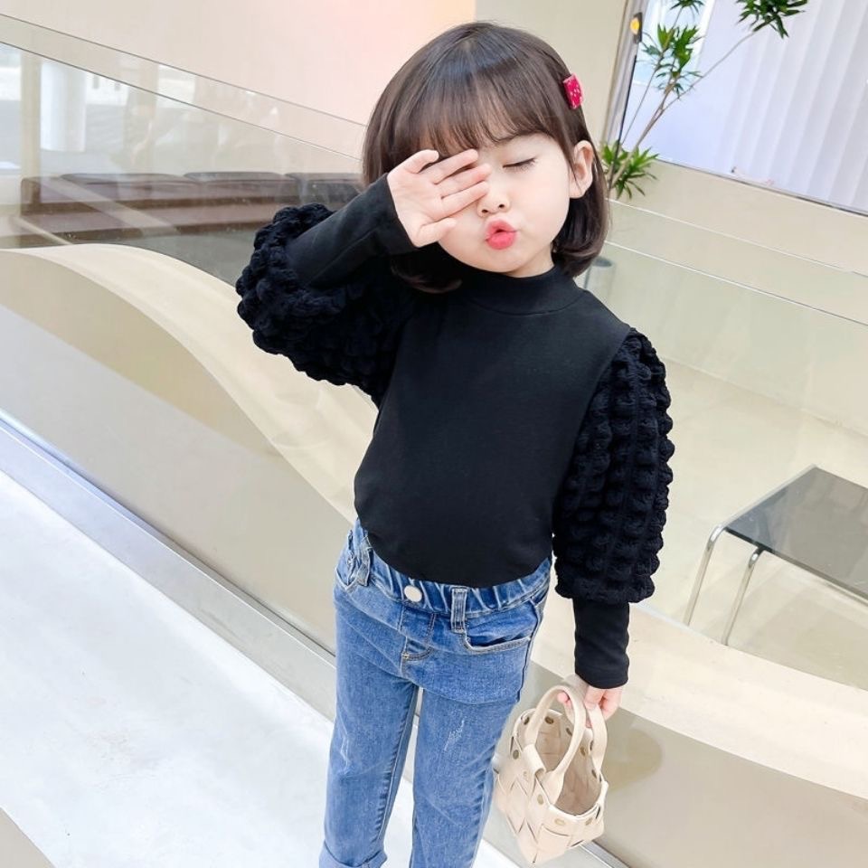 Picture of Girls' Base Shirt Spring and Autumn 2024 Half-High Collar Puff Sleeve Thickened Children's Long-Sleeve T-Shirt Baby Girl Top Cross-Border