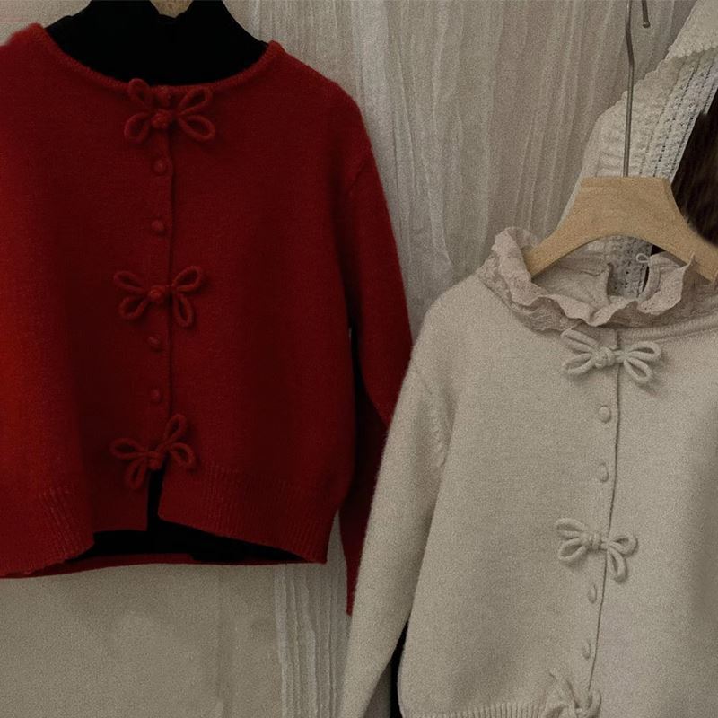 Picture of Casual Chinese Button Knitwear Cardigan 2025 Autum Little Girl Retro Design Bow Lazy Style Knitwear
