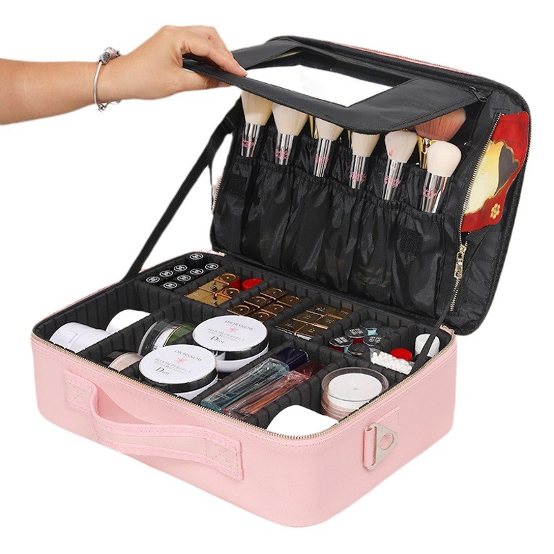 Internet Celebrity Large Capacity Cosmetic Bag with Mirror Portable Travel Storage Bag Pink Leather Professional Handheld Toolbox