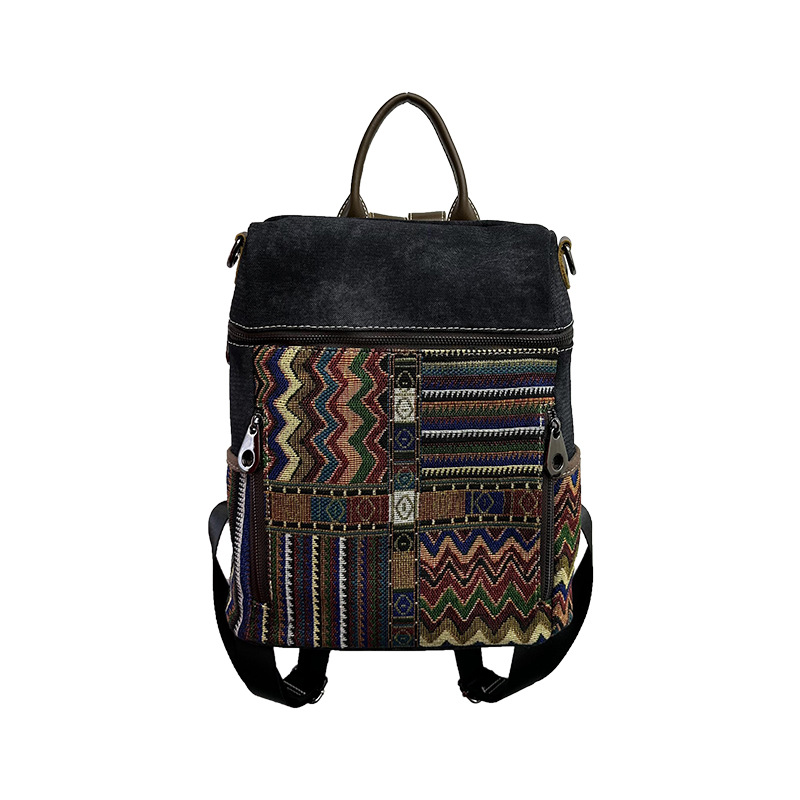 Picture of Vintage Ethnic Style Backpack Women's 2025 New Large Capacity Denim Bag Contrast Embroidered Dual-purpose Shoulder Bag