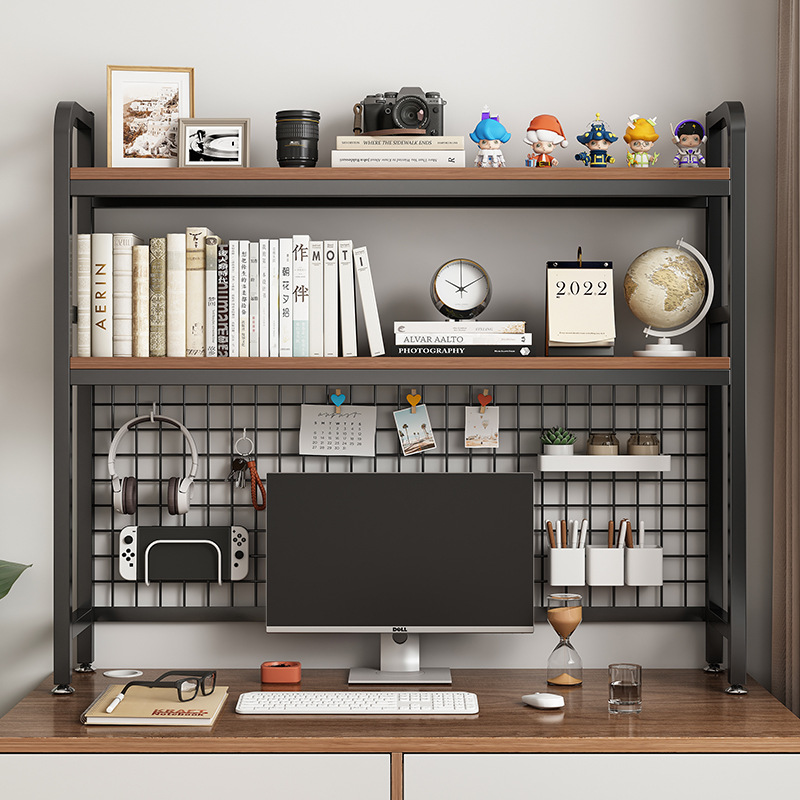 Bookshelf with Grid Desk Storage Rack Desktop Multi-Layer Wrought Iron Shelf Student Computer Desk and Desk Hole Board