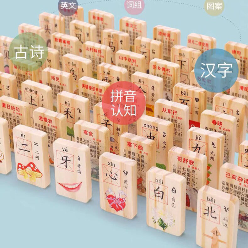 Children's Domino Puzzle Early Education Wooden 100 Double-Sided Chinese Character Domino Literacy Cognitive Toy