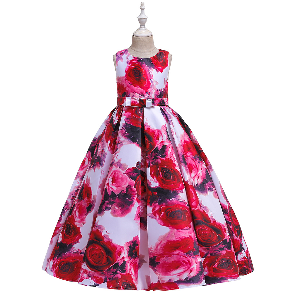 Cross Border AliExpress 3-15 Year Old Middle and Big Children Rose Long Children's Dress Princess Dress Girl's Vest Printed Long Dress