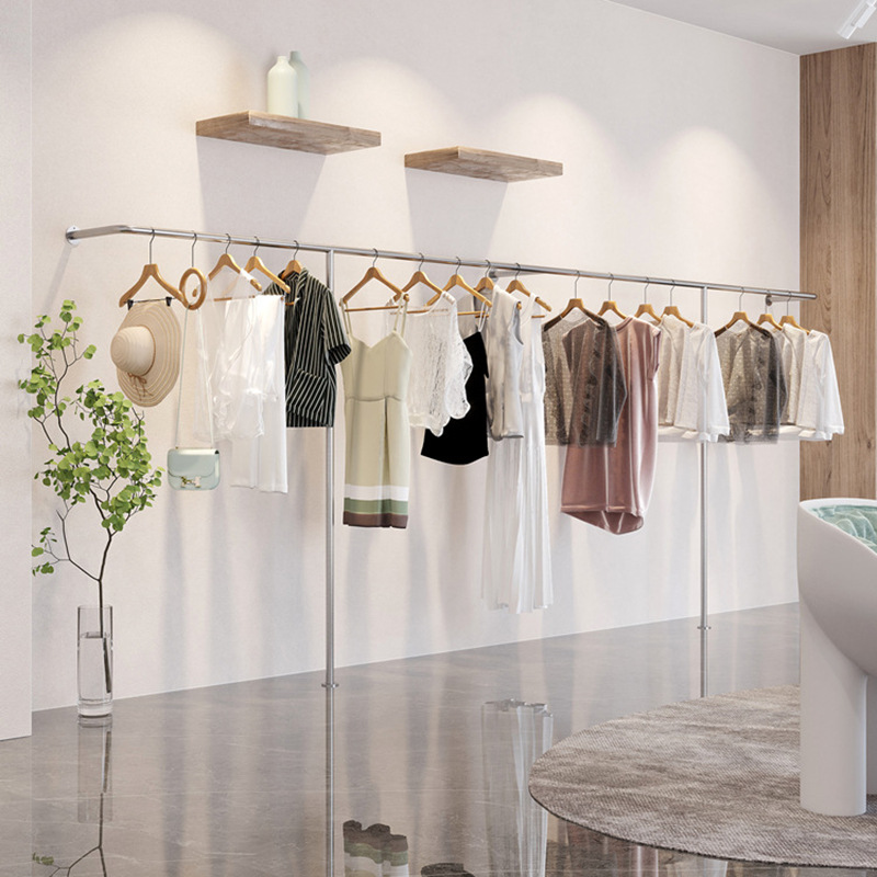 Stainless Steel Clothing Store Display Rack Women's Clothing Store Clothes Side Hanging Wall Display Shelf Children's Clothing Floor-to-Floor Hangers