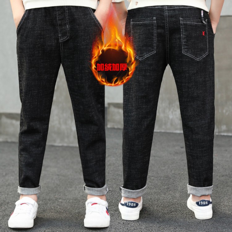 Picture of Boys' Pants Autumn and Winter 2025 New Style for Older Children, Boys' Winter Casual Pants, Children's Fleece-Lined Thickened Jeans