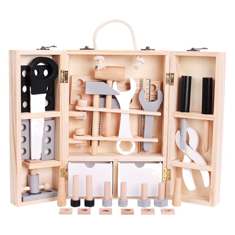 Male and Female Baby Artificial Hand Carrying Portable Tool Box Wooden Box Storage Tool Table Repair Versatile Screw Disassembly and Assembly Toys
