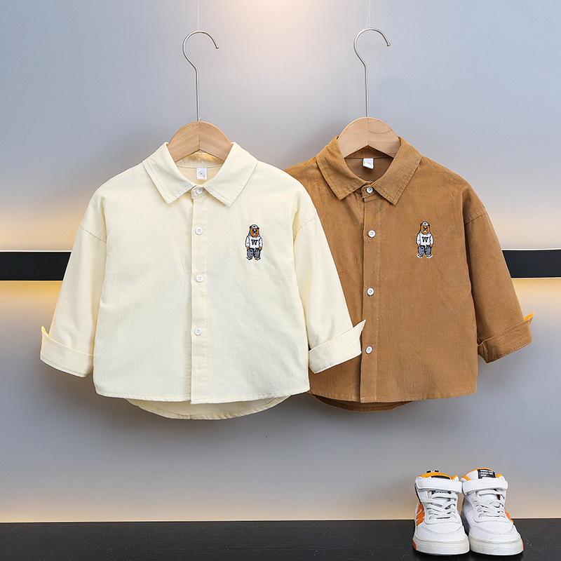 Children's Clothing Boys' Long-Sleeved Shirt 2025 New Cartoon Bear Embroider Kidsren's Corduroy Thin Outwear Fashionable
