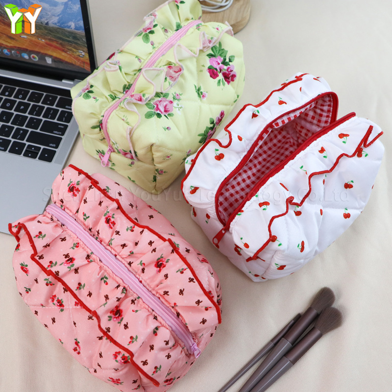 in stock Ruffled Small Floral Zipper Cosmetic Bag Pink Rose Floral Bow Bag Plaid Lined Storage Bag