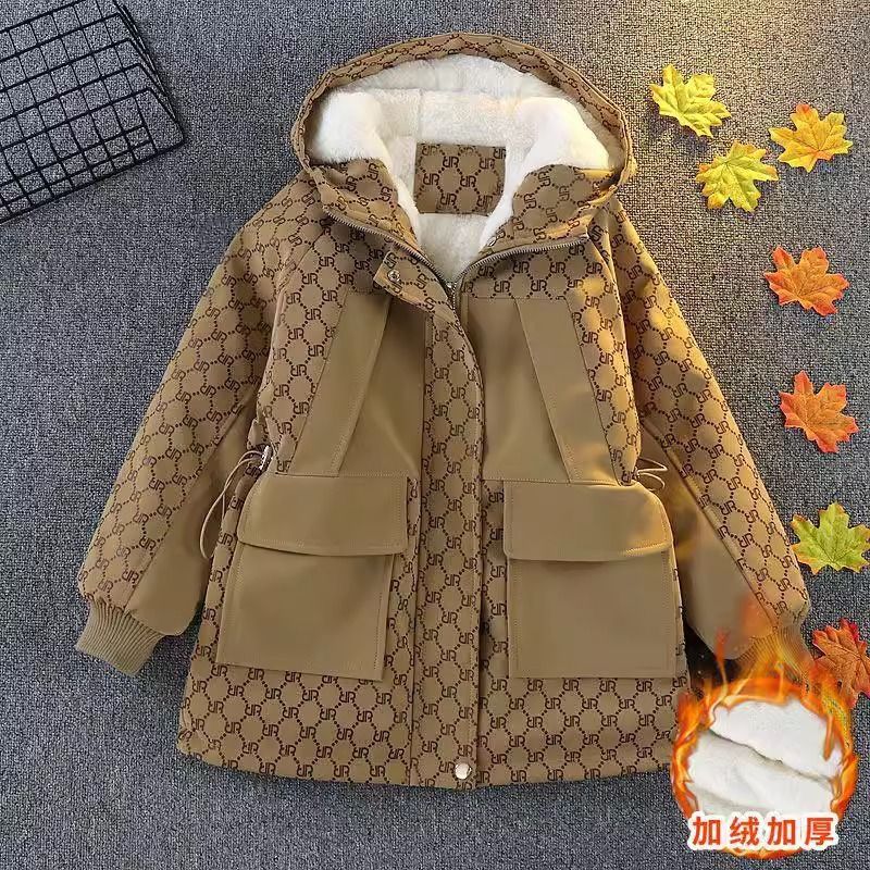 Women's Fashionable Children's Cotton-padded Coat Autumn and Winter New Children's fleece-lined Thickened Cotton-padded Clothes Mid-length Children's Fashionable Mid-length Pike Clothes