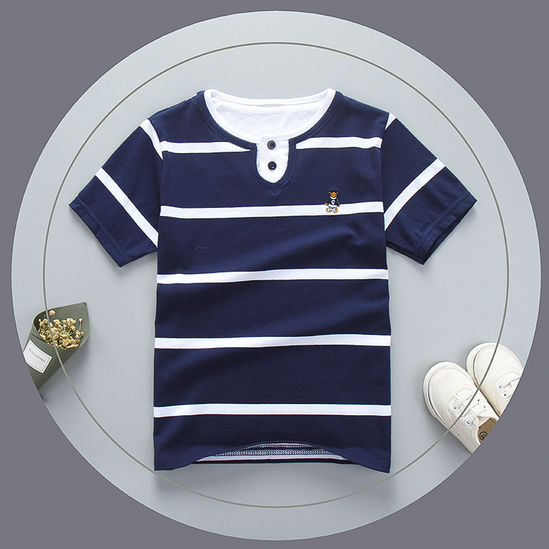Picture of Barabbi bala children's cotton T-shirt children's summer short-sleeved shirt double collar round neck striped T-shirt