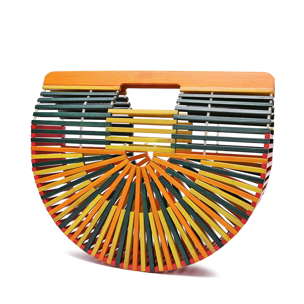 Picture of Women's Hand-held Hollow Bag Pure Handmade Beach Color-matching Straw-woven Bag Ins Super Popular European and American Hand-held Bamboo-wood-rattan Bag