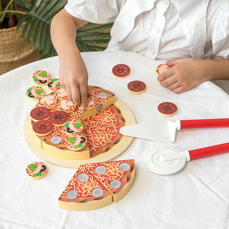 Picture of Wooden simulation pizza cut to see children play house kitchen toys boys and girls food cut to joy birthday gift