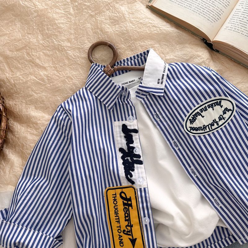 Picture of Boys Korean Style Shirt 2024 Autumn New Blue and White Striped Long Sleeve Top Baby Lapel Shirt Fried Street Thin Korean Style