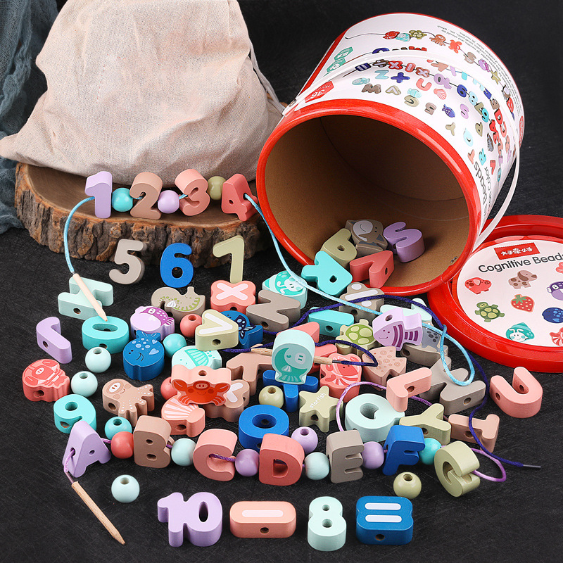 Picture of Wooden Balls Wooden 100 Pieces Number Letters City Transportation Fruit and Vegetable Farm Kidsren's Beaded Game Toys
