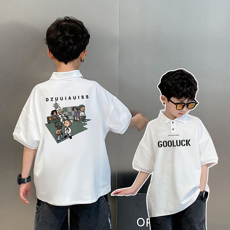 Picture of Boys' short-sleeved T-shirt 2024 Summer Children's western style lapel fashion loose cartoon printed polo shirt top fashion