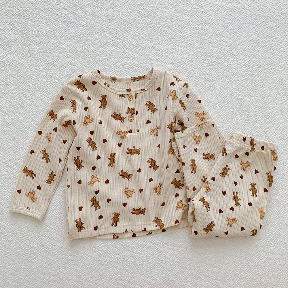 Picture of Children's Pajamas Girls' Home Clothes Boys' Cartoon Pure Cotton Waffle Suit Korean peekaboo Sleepsuit