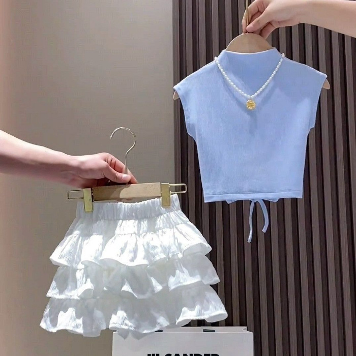 Picture of Girls Summer Suit 2025 New Kidsren's Short-Sleeved T-Shirt Pleated Skirt Two-Piece Set Baby Girl's Culottes Fashionable Summer Dress