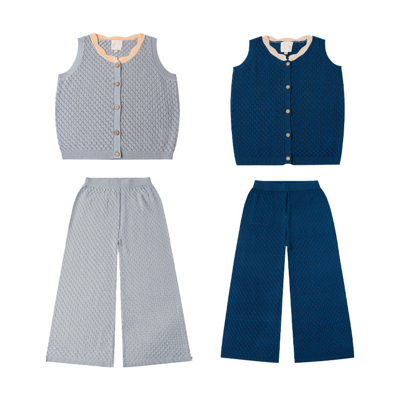 Young Kidsren's 2024 Spring and Summer Kidsren's Knitted Suit Sleeveless Thin Cut Out Lace Collar Top Wide Leg Pants in Stock