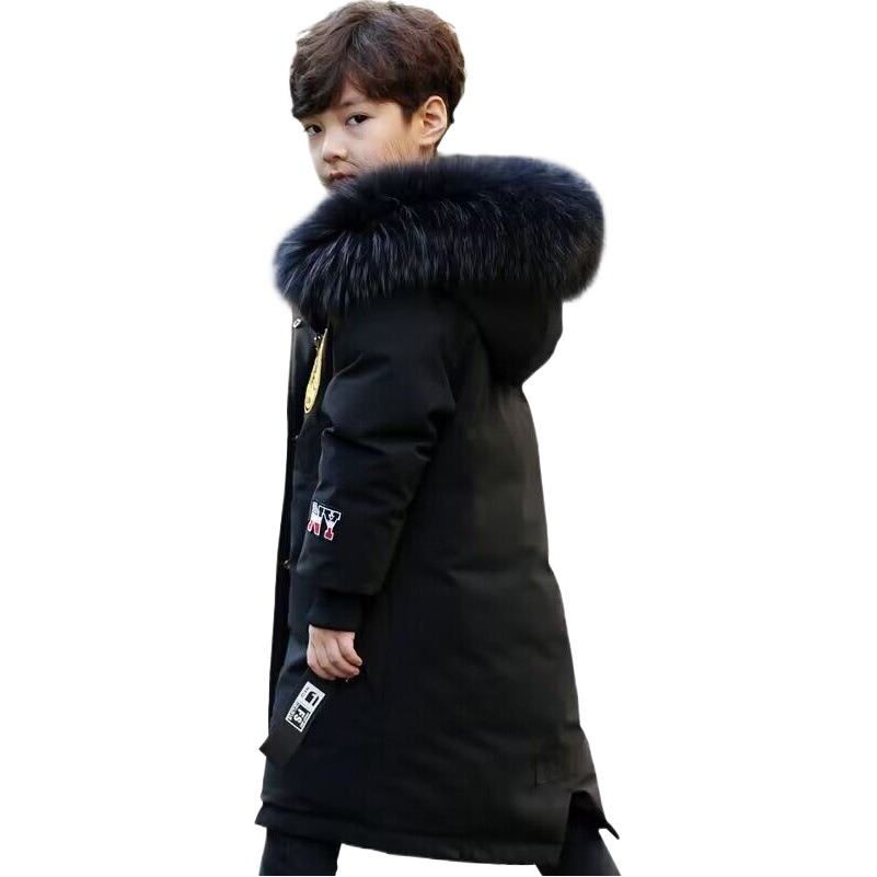 Winter New Boys' Cotton-padded Clothes Korean Style Mid-length Warm Thickened Large Wool Collar Cotton-padded Coat Trendy
