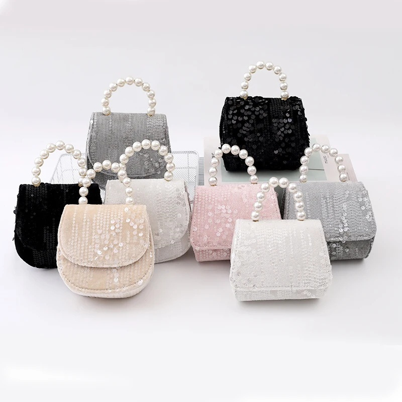 Autumn and Winter New Fashion Sequin Woolen Small Bag Girls Stylish Pearl Handbag Shoulder Bag Crossbody Magnetic Buckle Bag