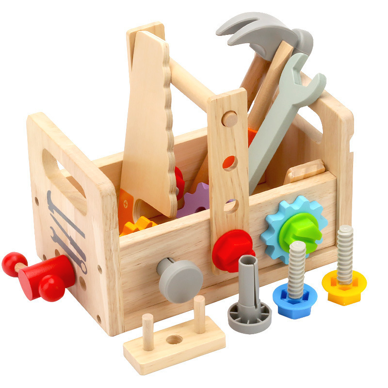 Picture of Children's wooden portable toolbox play house toys kindergarten baby early education puzzle screw mother repair box
