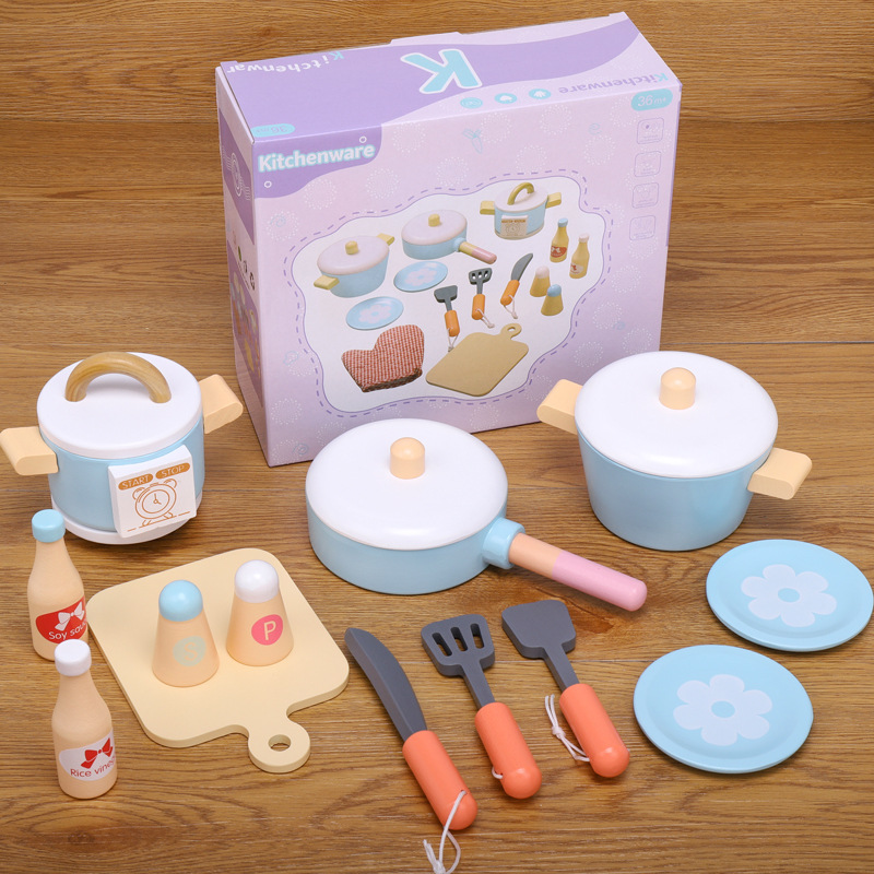 Picture of Children's Educational Toys Wooden Simulation Play House Kitchen Toy Set Coffee Machine Bread Machine Microwave Oven Toy