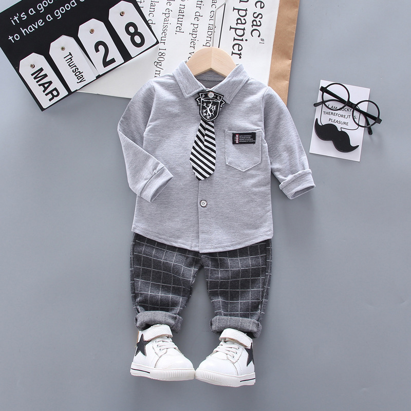 Picture of Foreign trade new spring and autumn lapel tie long sleeve British shirt children's gentleman suit two-piece a generation of hair
