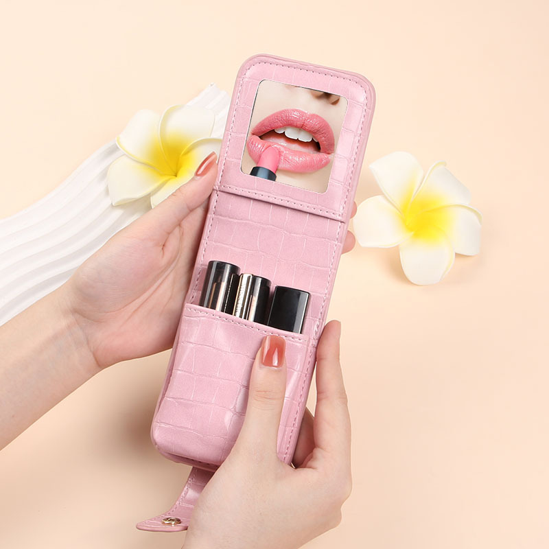Picture of Casual Pu Leather Crocodile Pattern Korean Lipstick Bag Storage Small Portable Makeup Lipstick Bag with Mirror