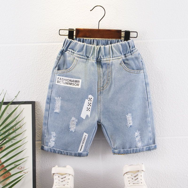White printed denim shorts boys summer 2022 new children's pants summer big children