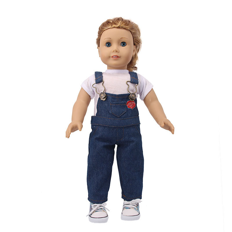 Picture of New 18 inch American doll accessories denim suspenders 43cm summer doll clothes set factory straight hair