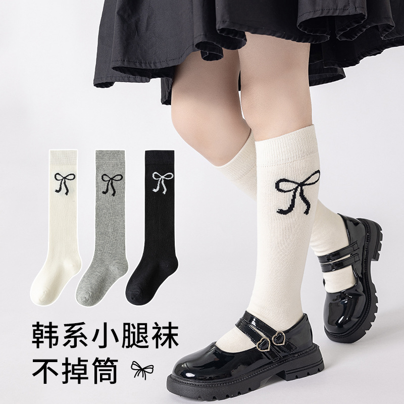 Picture of Girls' calf socks black and white gray bow high socks 3-12 years old girls' pile socks autumn children's socks