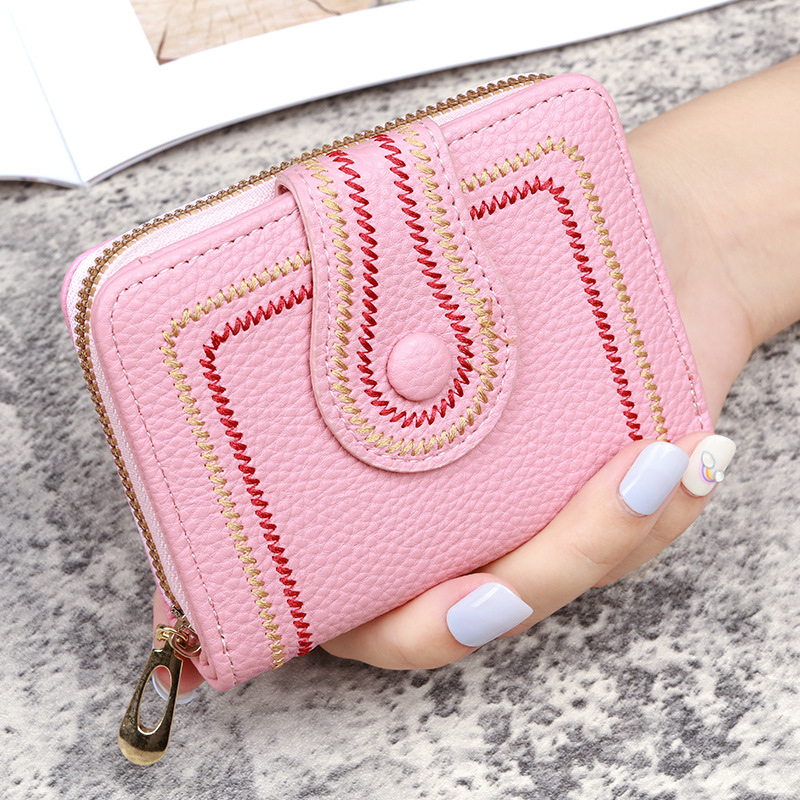 Picture of New Korean Women's Short Bag Zipper Buckle Wallet Lychee Embroidered Solid Color Coin Purse ID Card Bag