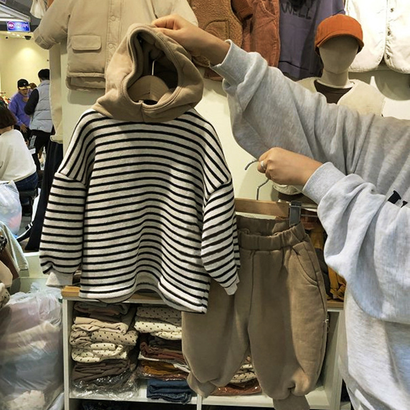 Picture of Children's Korean-style Suit New Men's and Women's Baby's Autumn and Winter Clothes Color-matching Fleece Terry Striped Sweat Trousers Suit