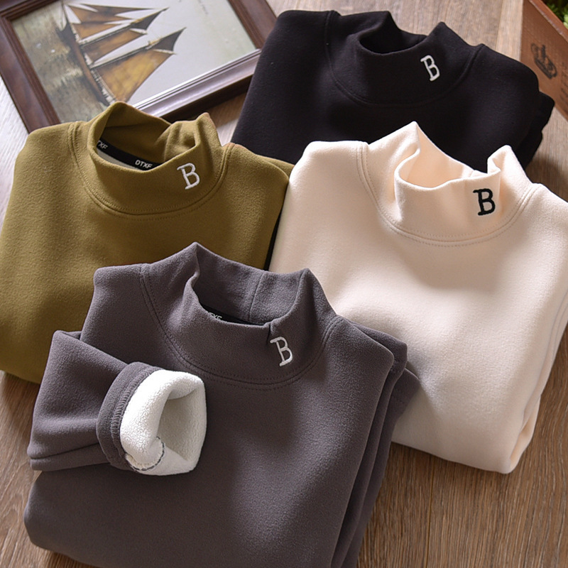Boys' Velvet Autumn and Winter Half-high Collar Warm Clothes Winter fleece-lined Thickened Children's Solid Color Base Shirt for Boys