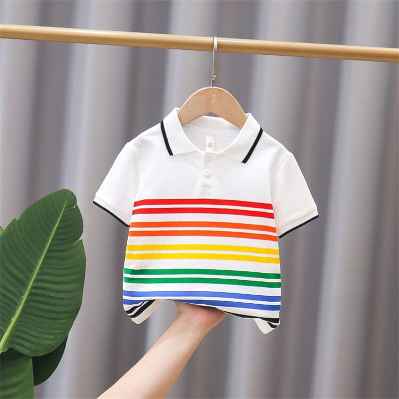 Rainbow Strip Paul Shirt White Simple Fashion Comfortable All-match Summer