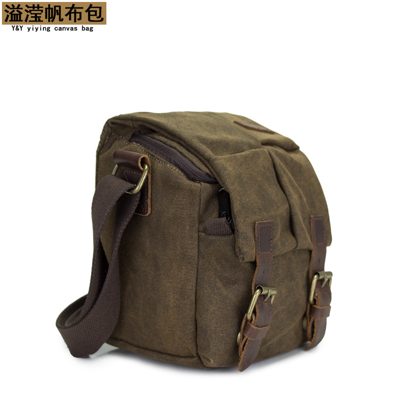 Picture of Canvas Collocation Crazy Horse Leather Camera Bag Crossbody Camera Case Micro-single Multi-functional Foreign Trade Retro Camera Bag