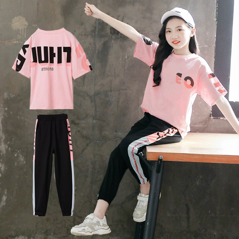 Girls Summer Suit 2024 New Children's Autumn Clothes Fashionable Internet Celebrity Middle and Large Children's Sports and Casual Short-Sleeved Pants