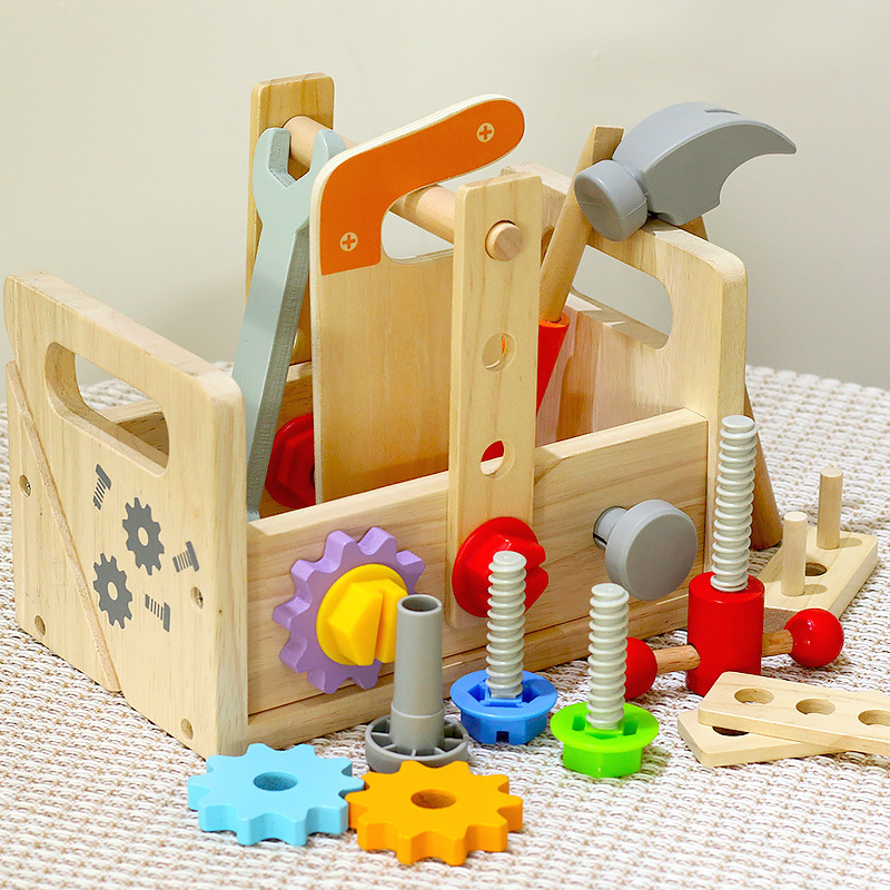 Picture of Children's wooden portable toolbox play house toys kindergarten baby early education puzzle screw mother repair box
