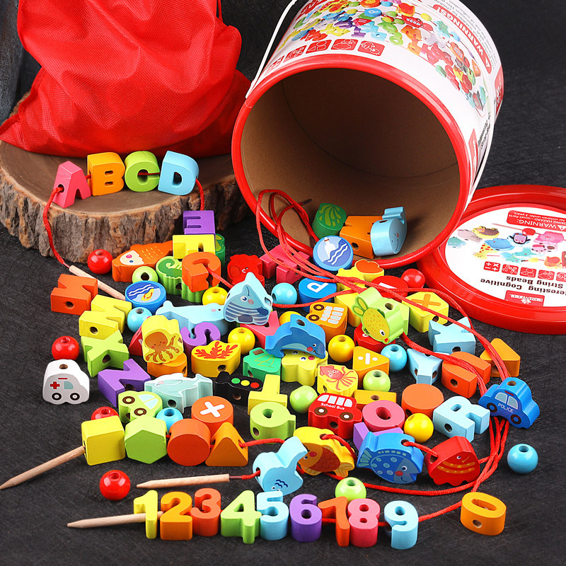 Picture of Wooden Balls Wooden 100 Pieces Number Letters City Transportation Fruit and Vegetable Farm Kidsren's Beaded Game Toys