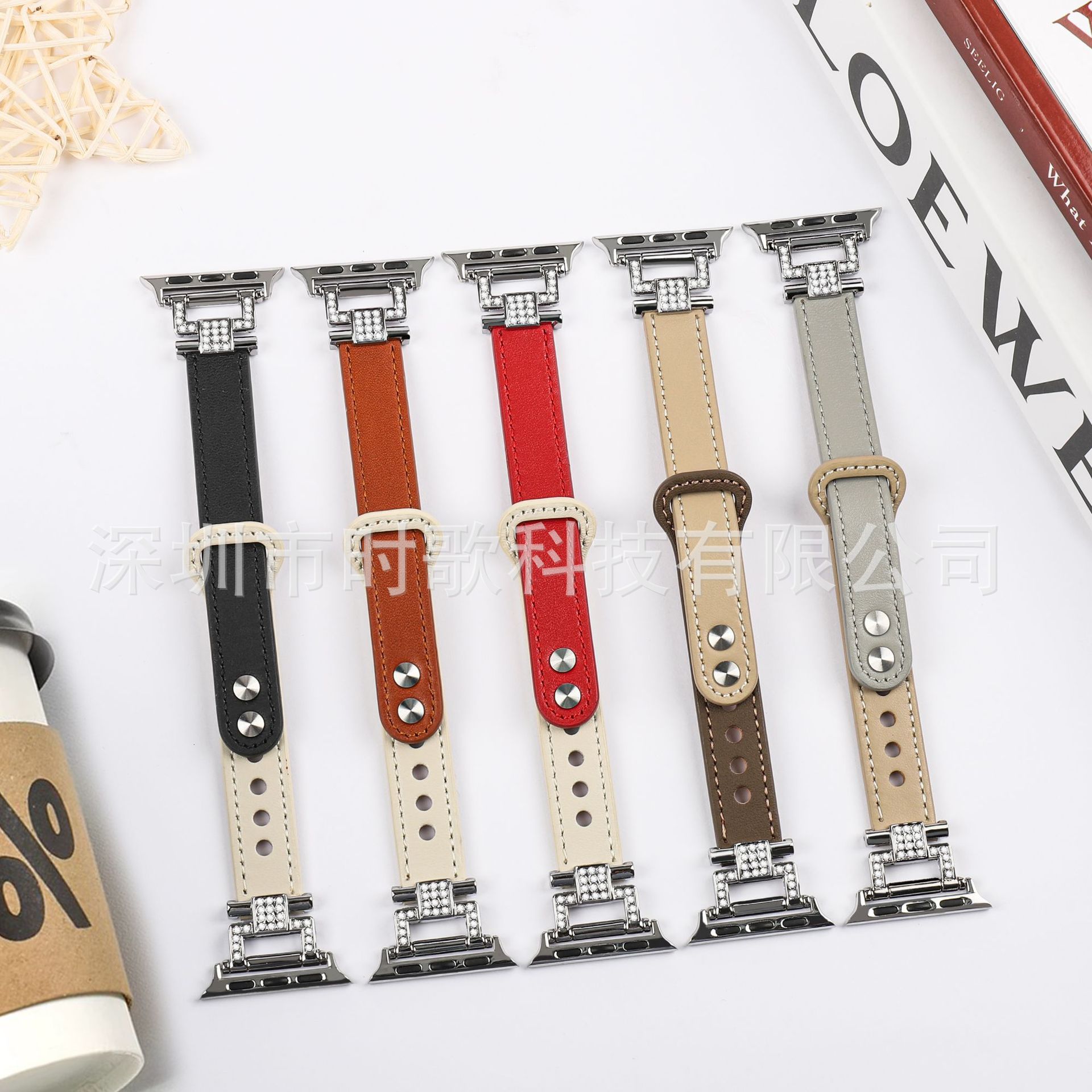 Suitable for Apple Watch strap double nail color matching diamond head grain appleiwatch9 thin strap leather small waist